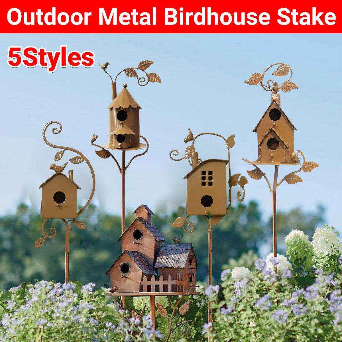 Outdoor Iron Birdhouse GardenStakes Bird House Metal Crafts Pastoral Plug-in