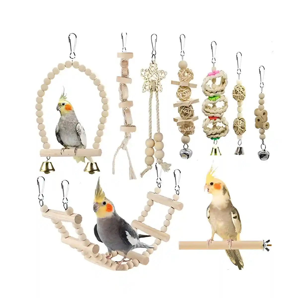 9PCS Bird Toys Set for Parrots Wooden Chew Swing Ladder Kit