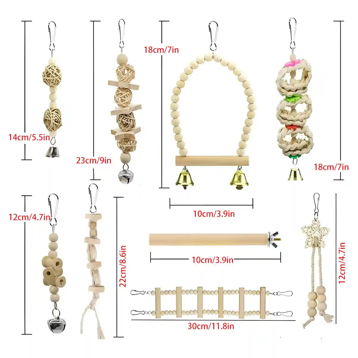 9PCS Bird Toys Set for Parrots Wooden Chew Swing Ladder Kit