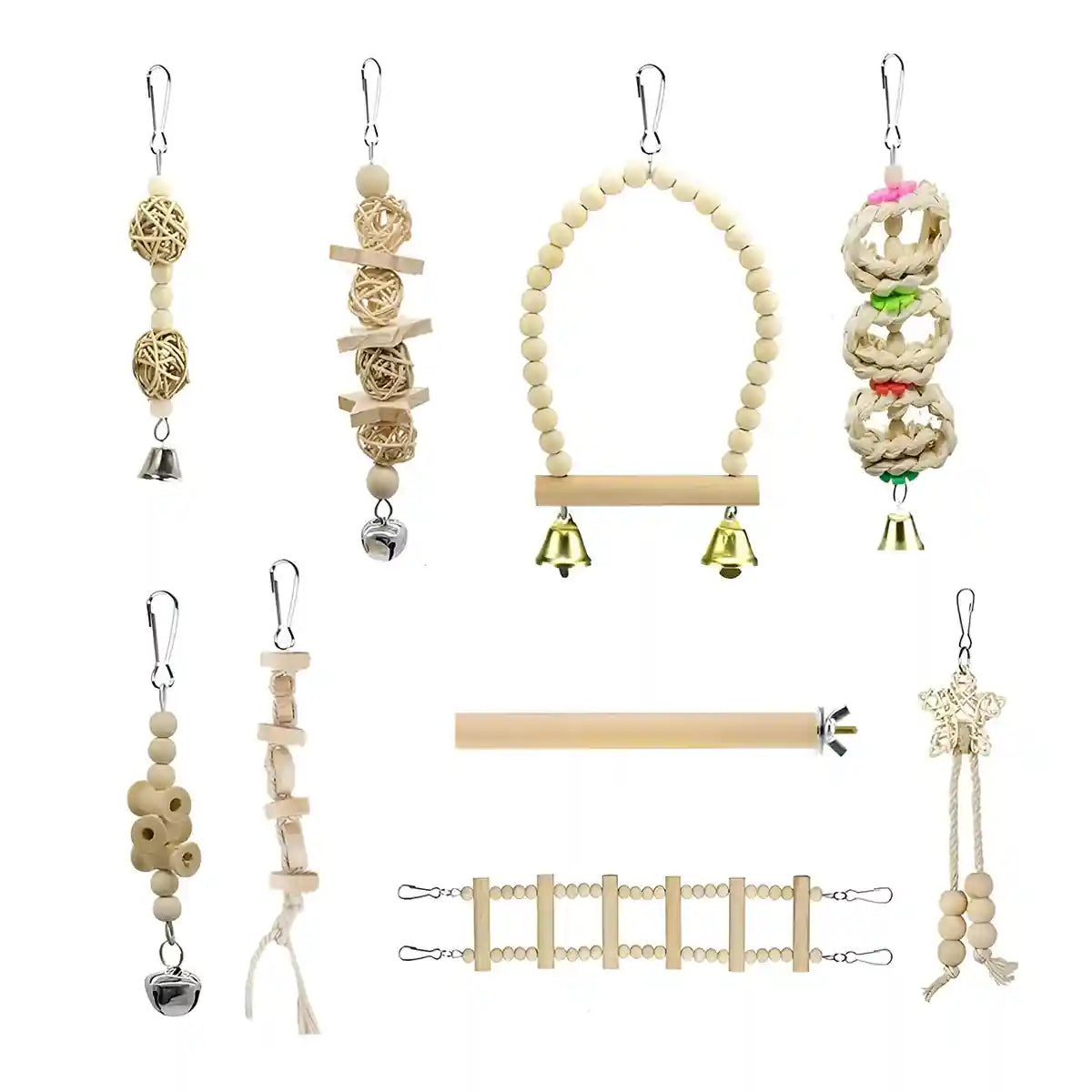 9PCS Bird Toys Set for Parrots Wooden Chew Swing Ladder Kit