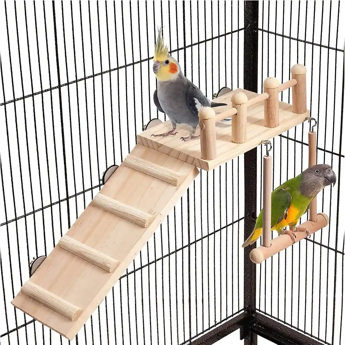 3PCS Wooden Bird Toys Set With Swing Ladder and Platform