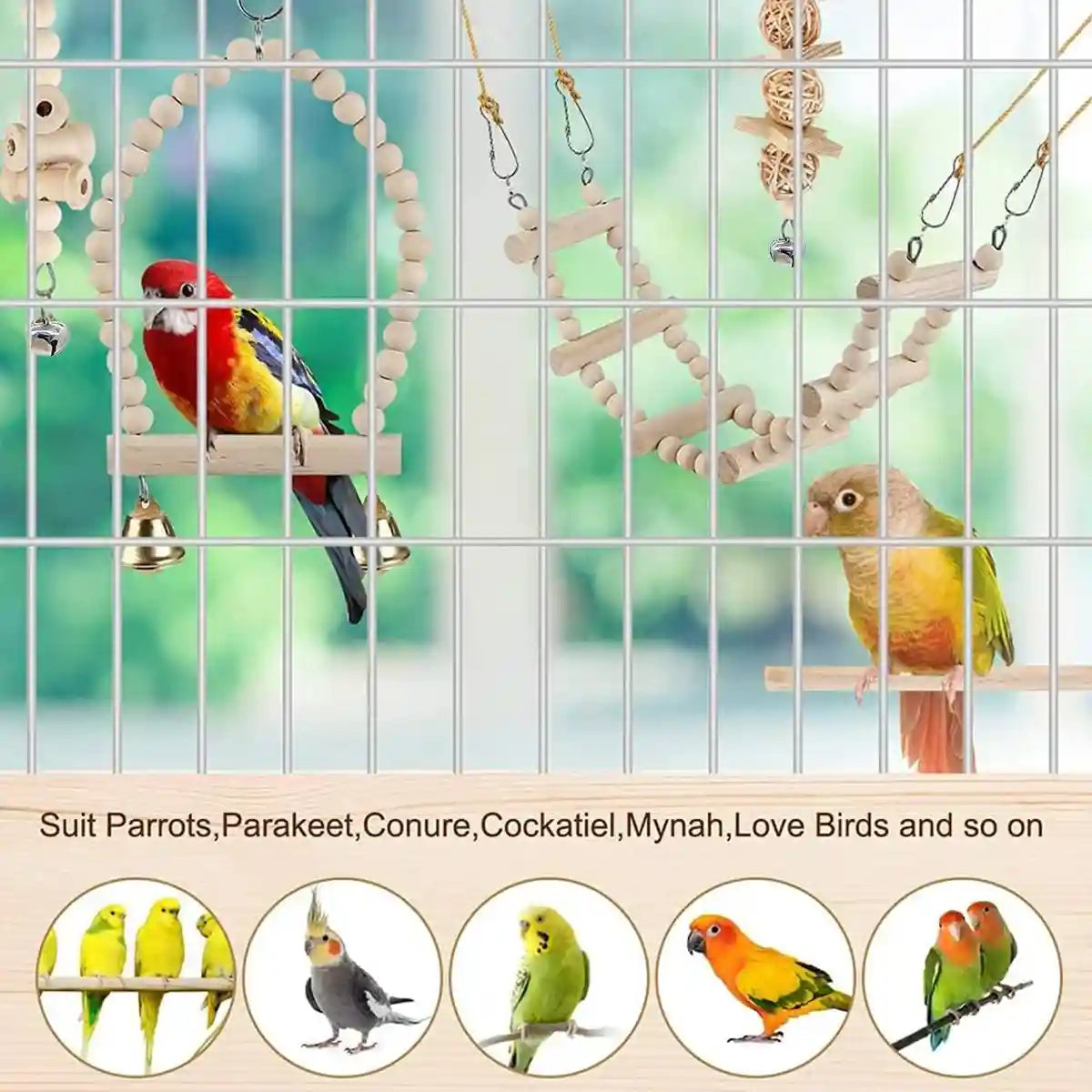 9PCS Bird Toys Set for Parrots Wooden Chew Swing Ladder Kit