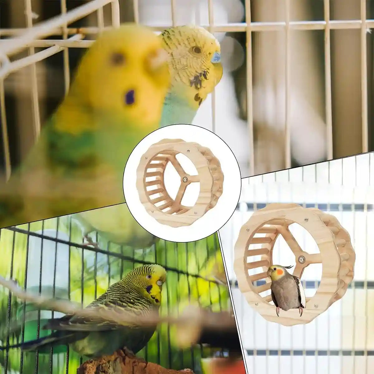Wooden Parrot Toy Set with Spinning Wheel & Rocker for Cage Mounting