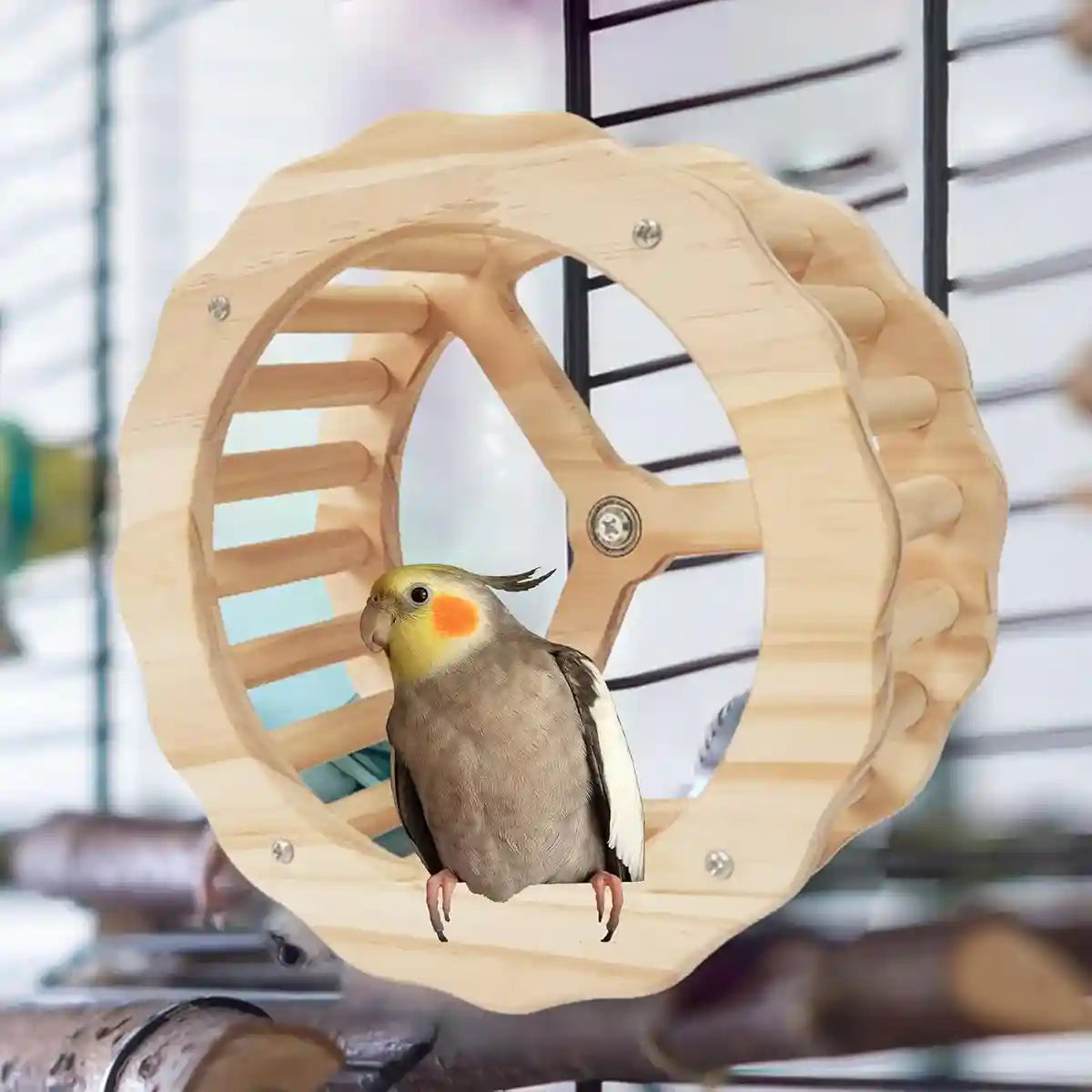 Wooden Parrot Toy Set with Spinning Wheel & Rocker for Cage Mounting