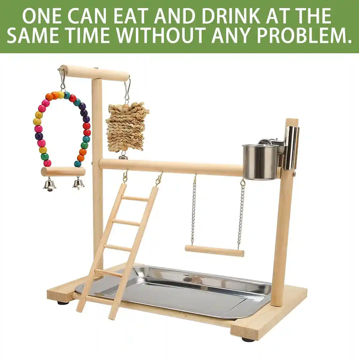 Wooden Parrot Playground With Swing Ladder Feeder And Perch