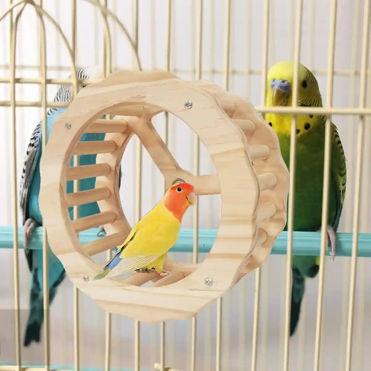 Wooden Parrot Toy Set with Spinning Wheel & Rocker for Cage Mounting