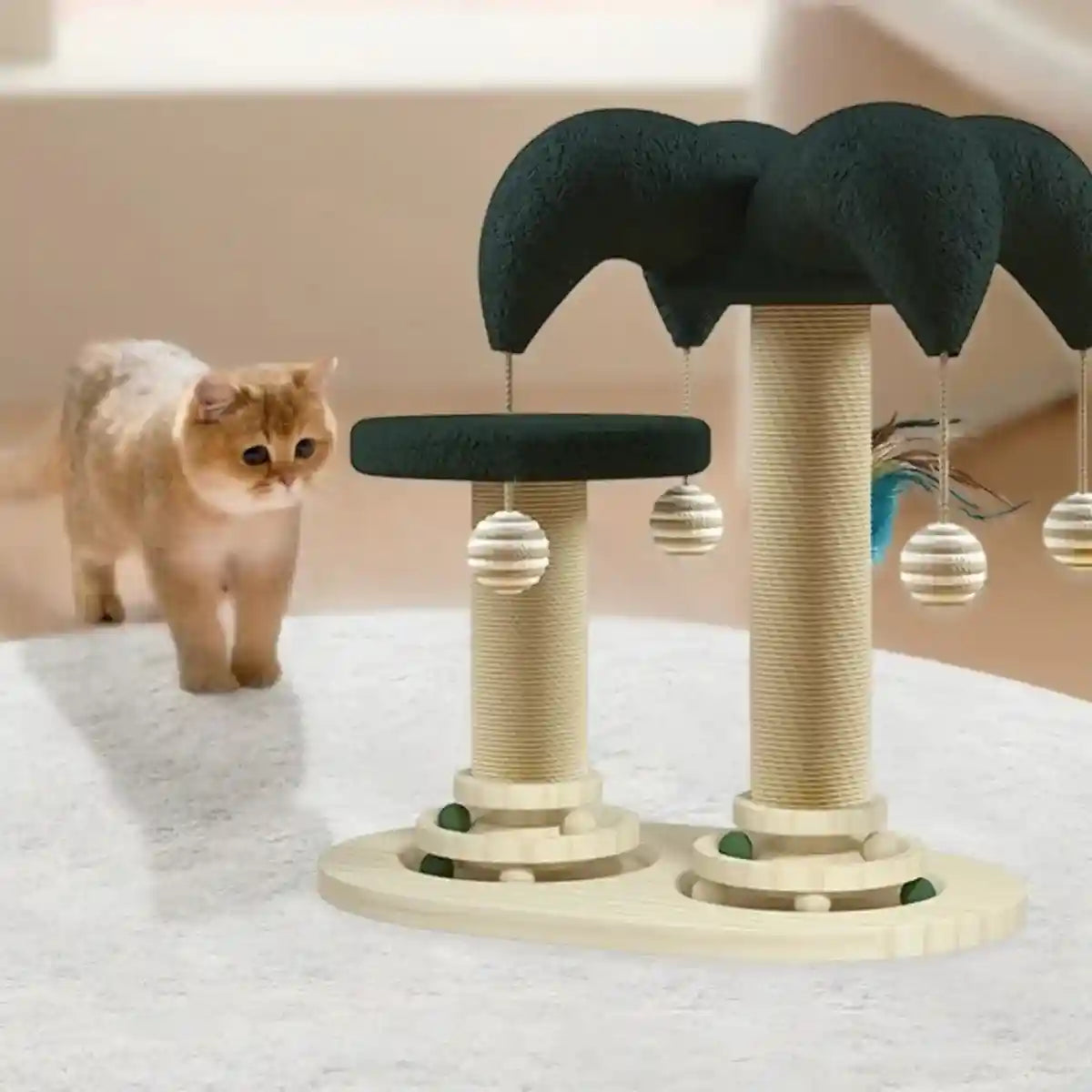 Cat Scratching Post with Teaser Stick & Turntable Sisal & Wood Base