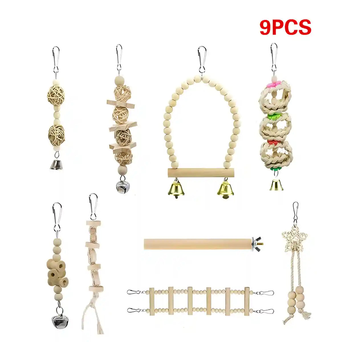 9PCS Bird Toys Set for Parrots Wooden Chew Swing Ladder Kit