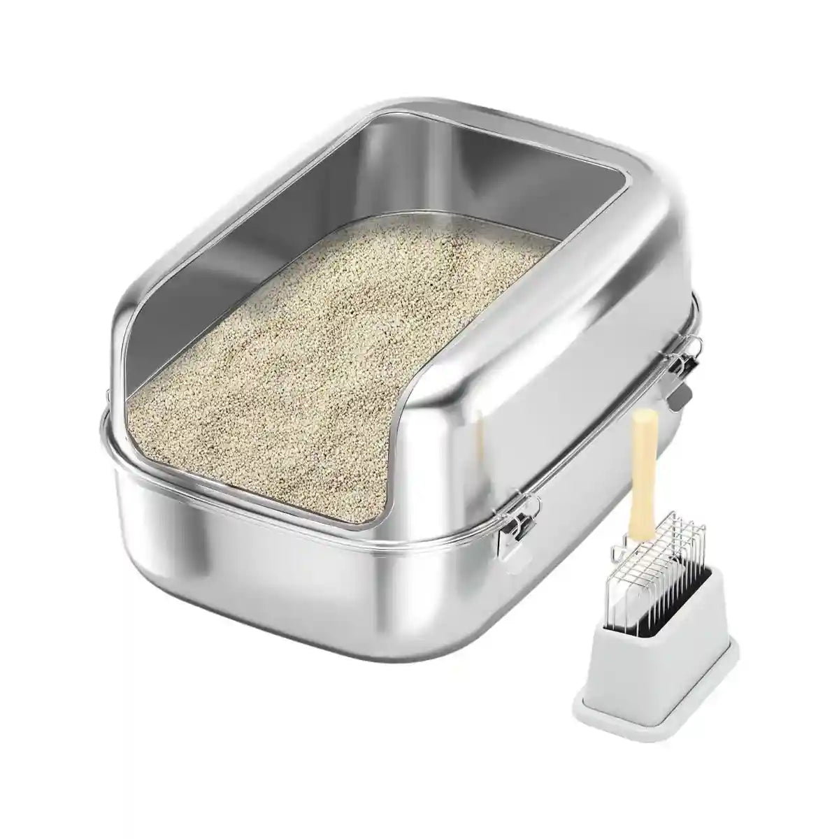 High-Wall Stainless Steel Cat Litter Box With Scoop