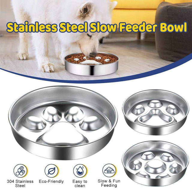 Stainless steel slow feeder dog bowl with raised design for healthy eating.