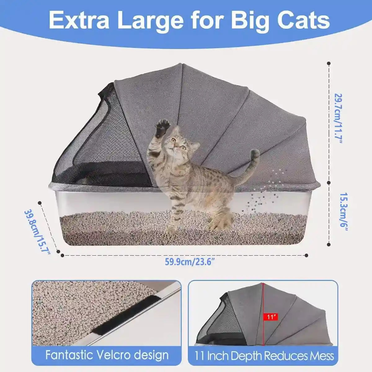 Stainless Steel Cat Litter Box with Covered Canopy & Anti-Tracking Mat