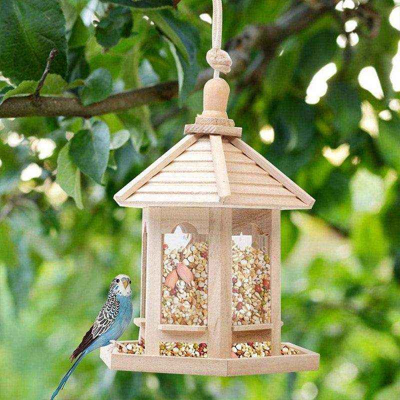 Hexagonal Hanging Outdoor Garden Decor Wooden Bird Feeder