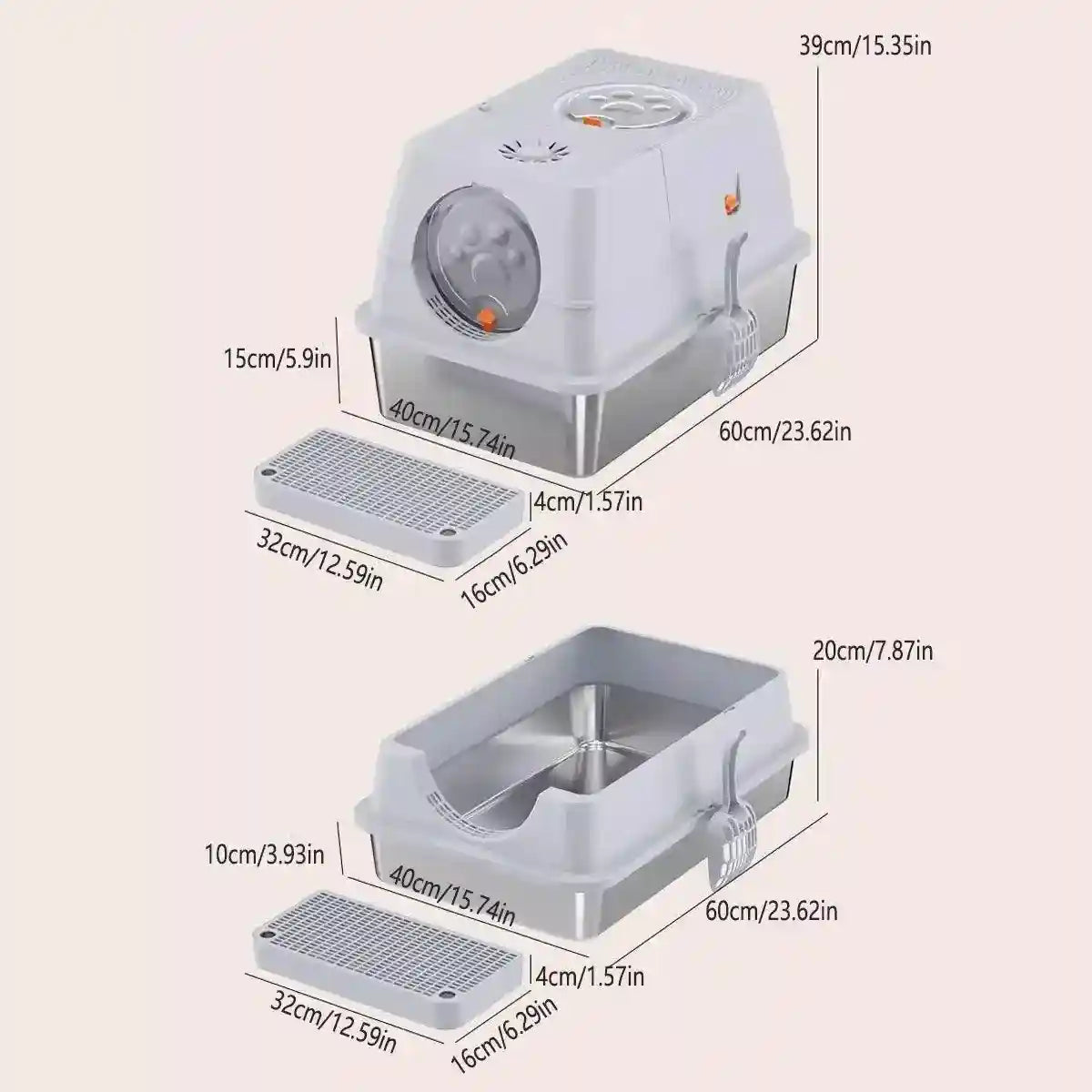 Large Fully Enclosed Stainless Steel Cat Litter Box 60×40×39cm