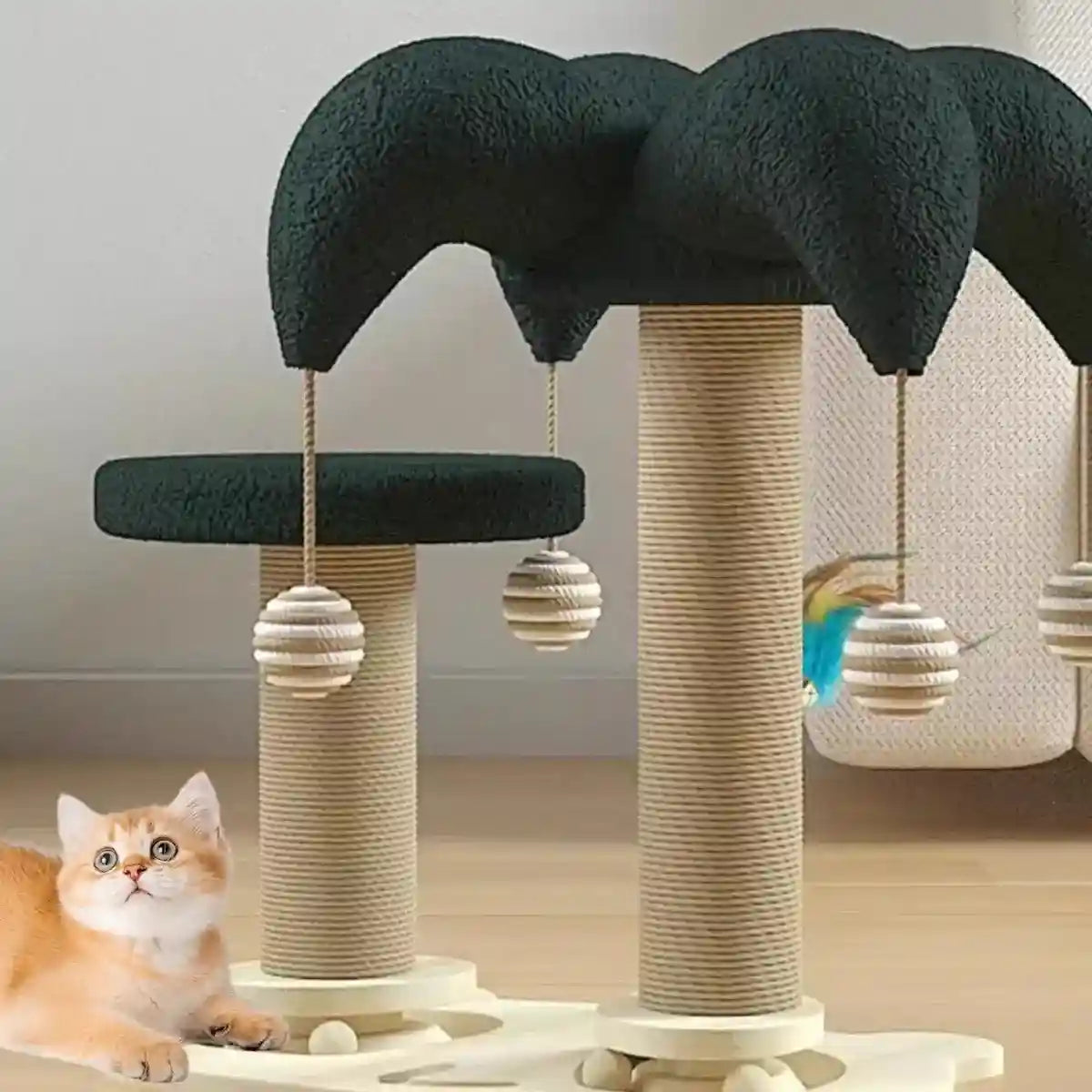 Cat Scratching Post with Teaser Stick & Turntable Sisal & Wood Base