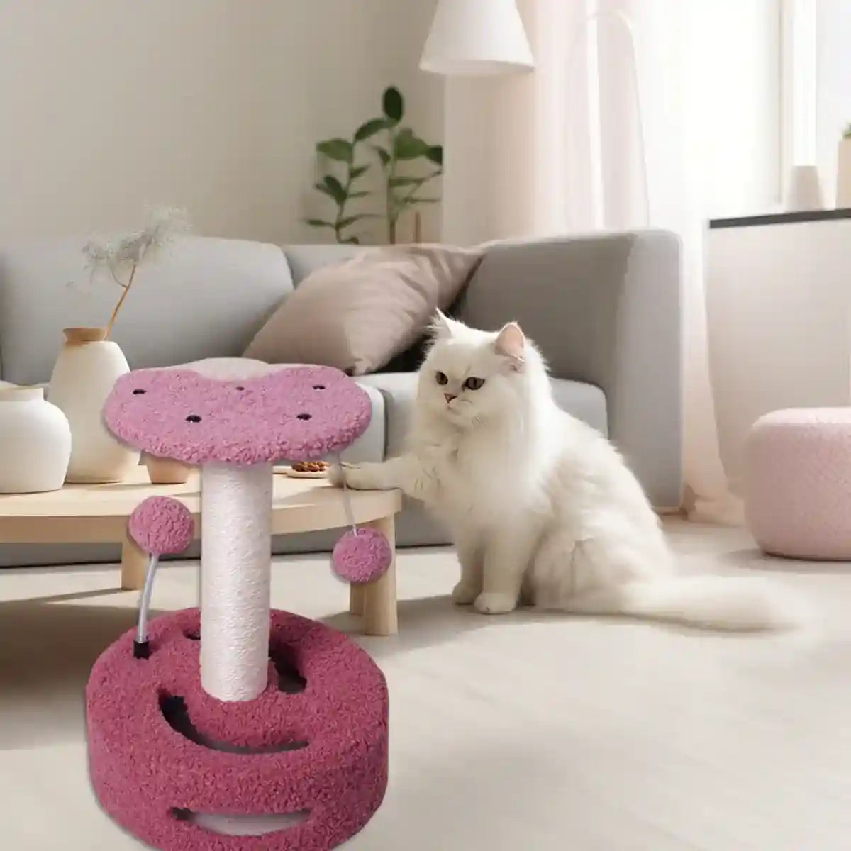 Fruit-Themed Cat Scratching Post with Toy Ball and Plush Base