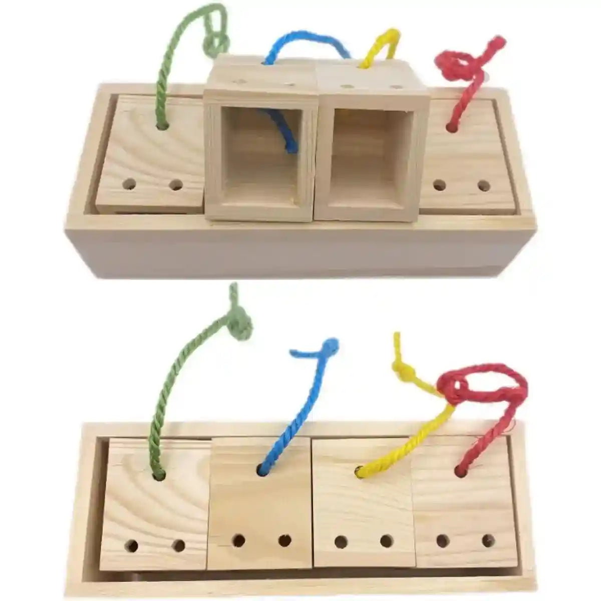 Wooden Parrot Foraging Toy Box with Drawers and Ropes