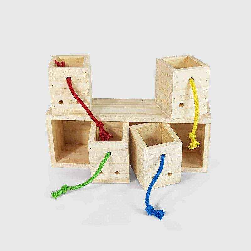 Wooden Parrot Foraging Toy Box with Drawers and Ropes