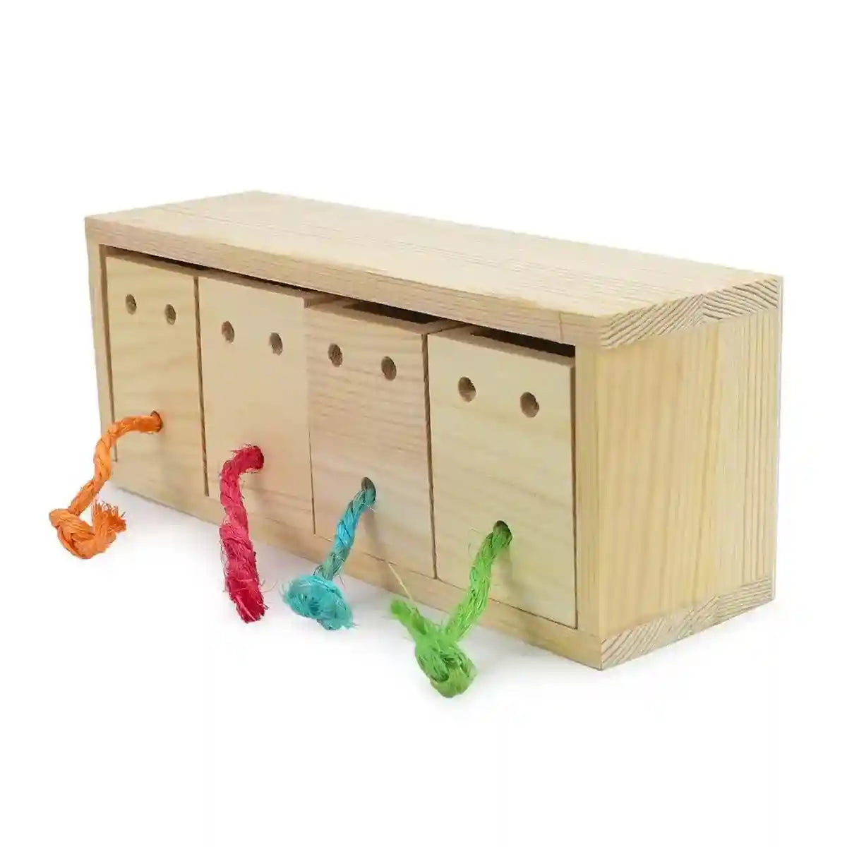 Wooden Parrot Foraging Toy Box with Drawers and Ropes