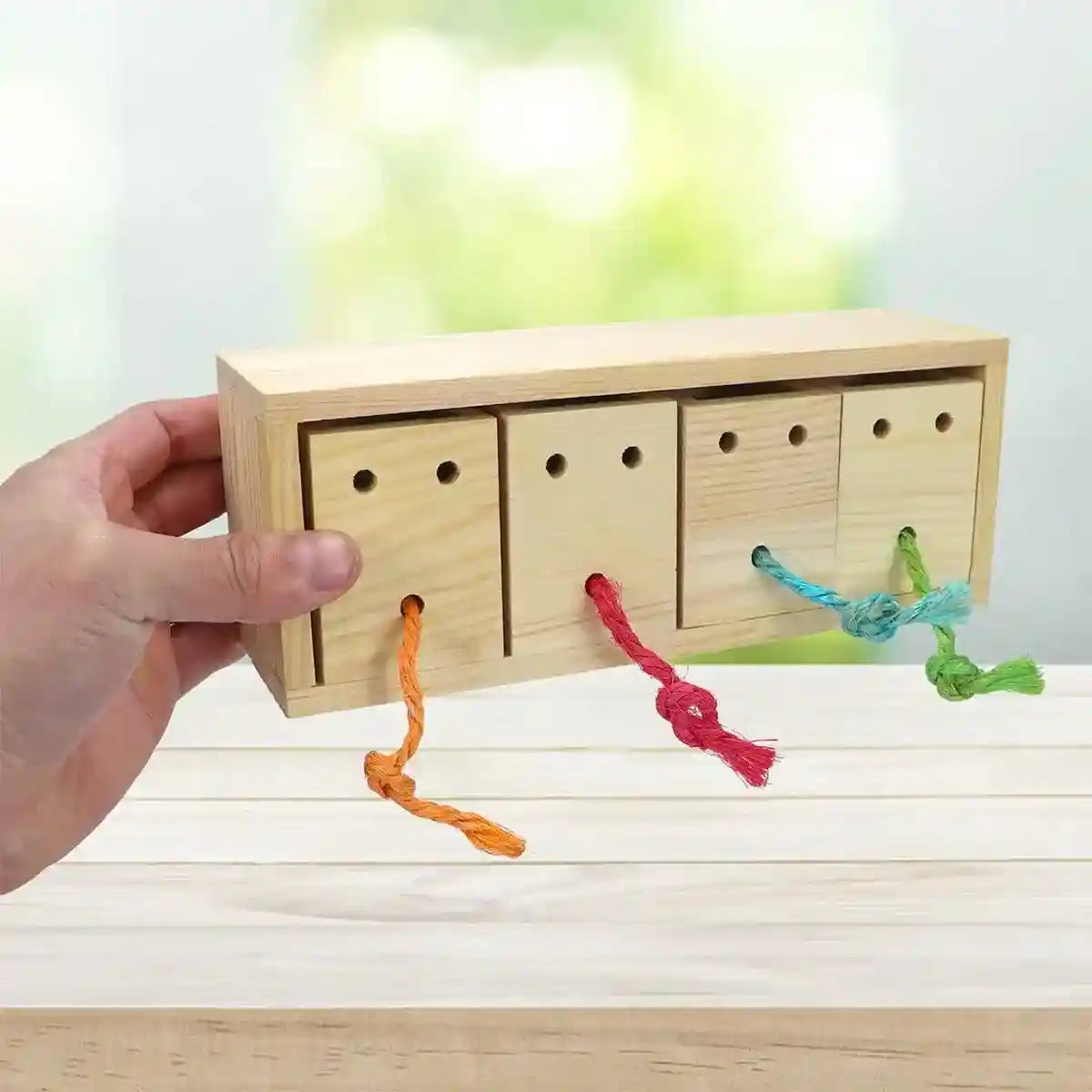 Wooden Parrot Foraging Toy Box with Drawers and Ropes