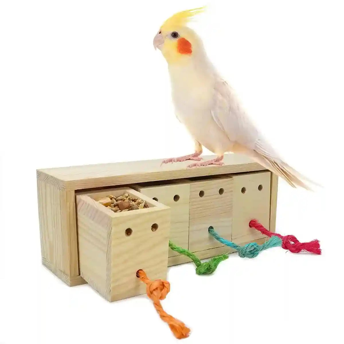 Wooden Parrot Foraging Toy Box with Drawers and Ropes