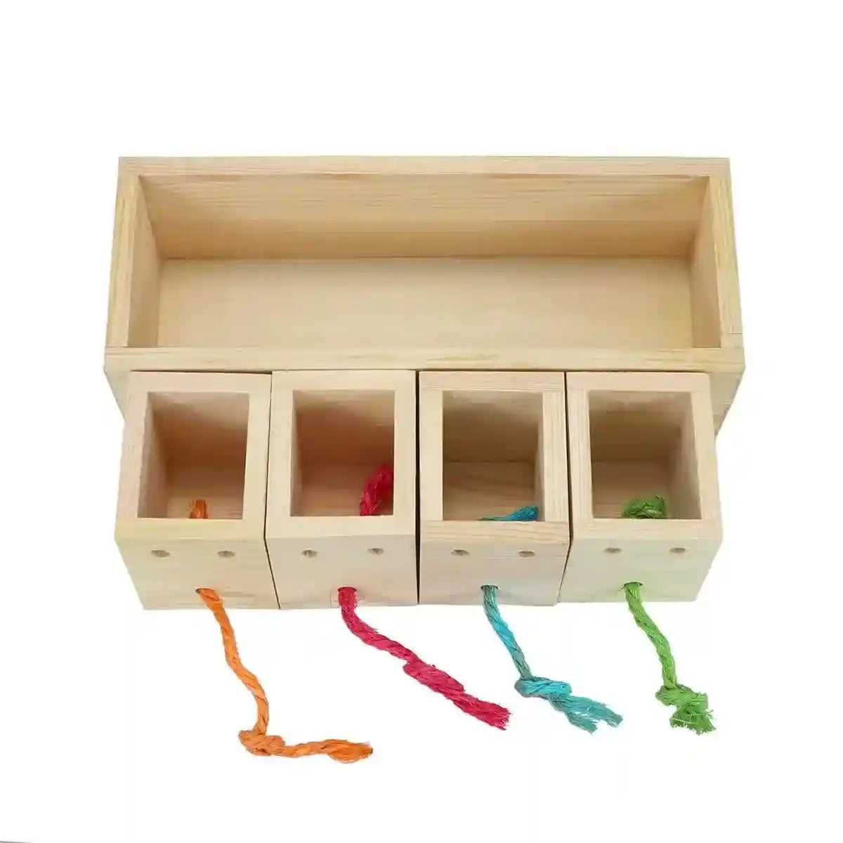 Wooden Parrot Foraging Toy Box with Drawers and Ropes