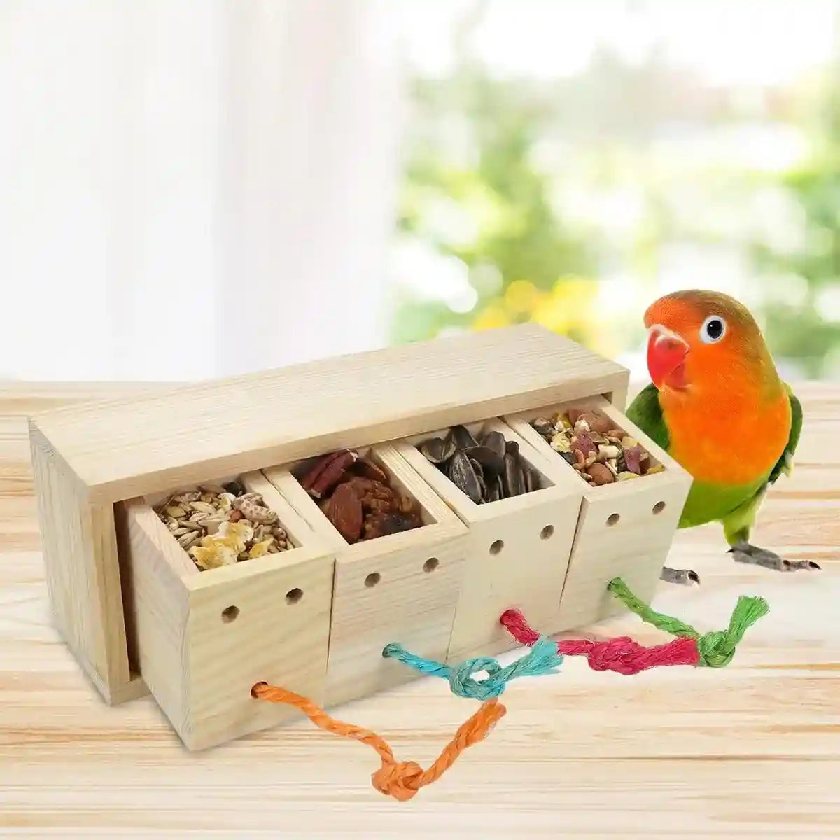 Wooden Parrot Foraging Toy Box with Drawers and Ropes