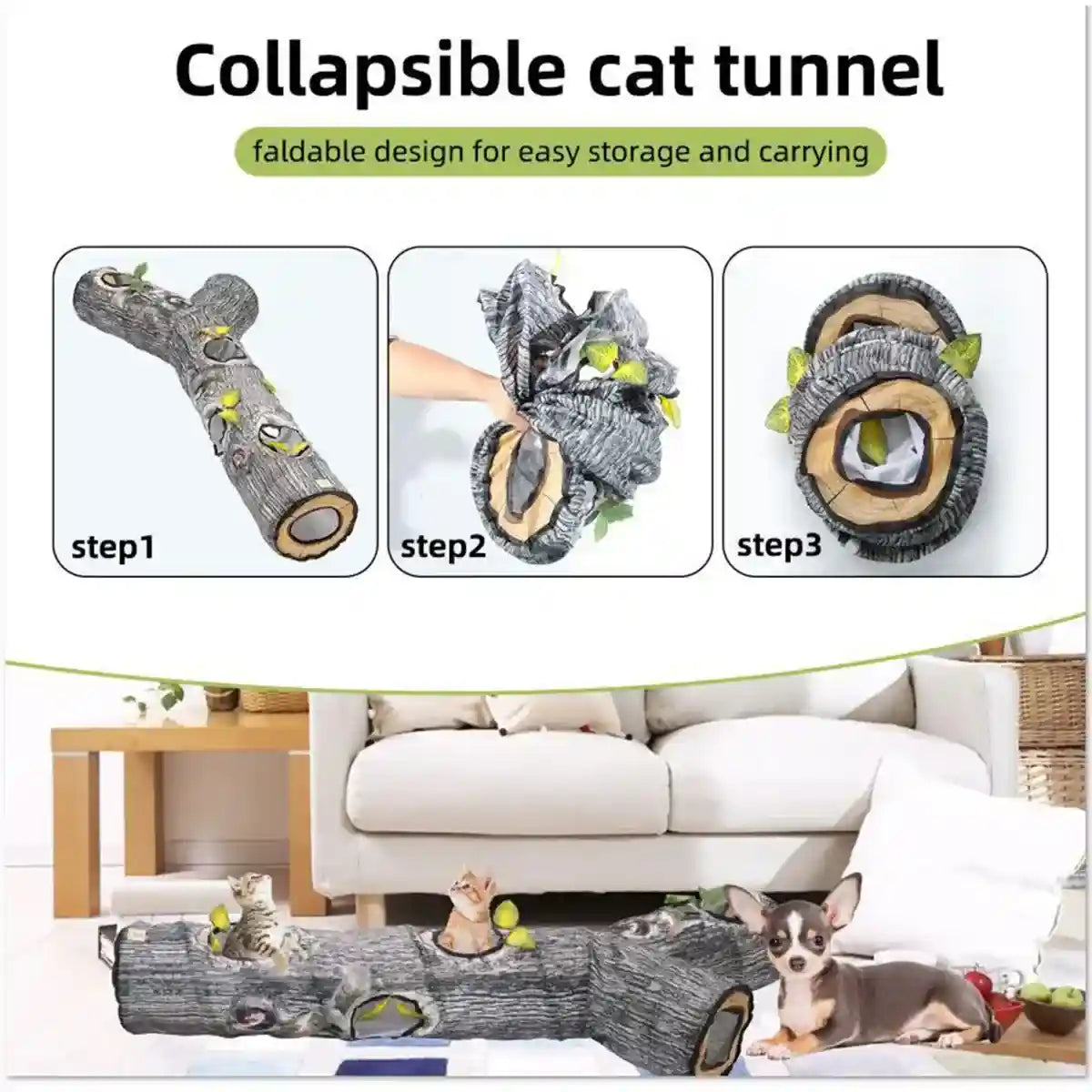 Y-Shaped Tree Trunk Cat Tunnel for Indoor & Outdoor Pet Play
