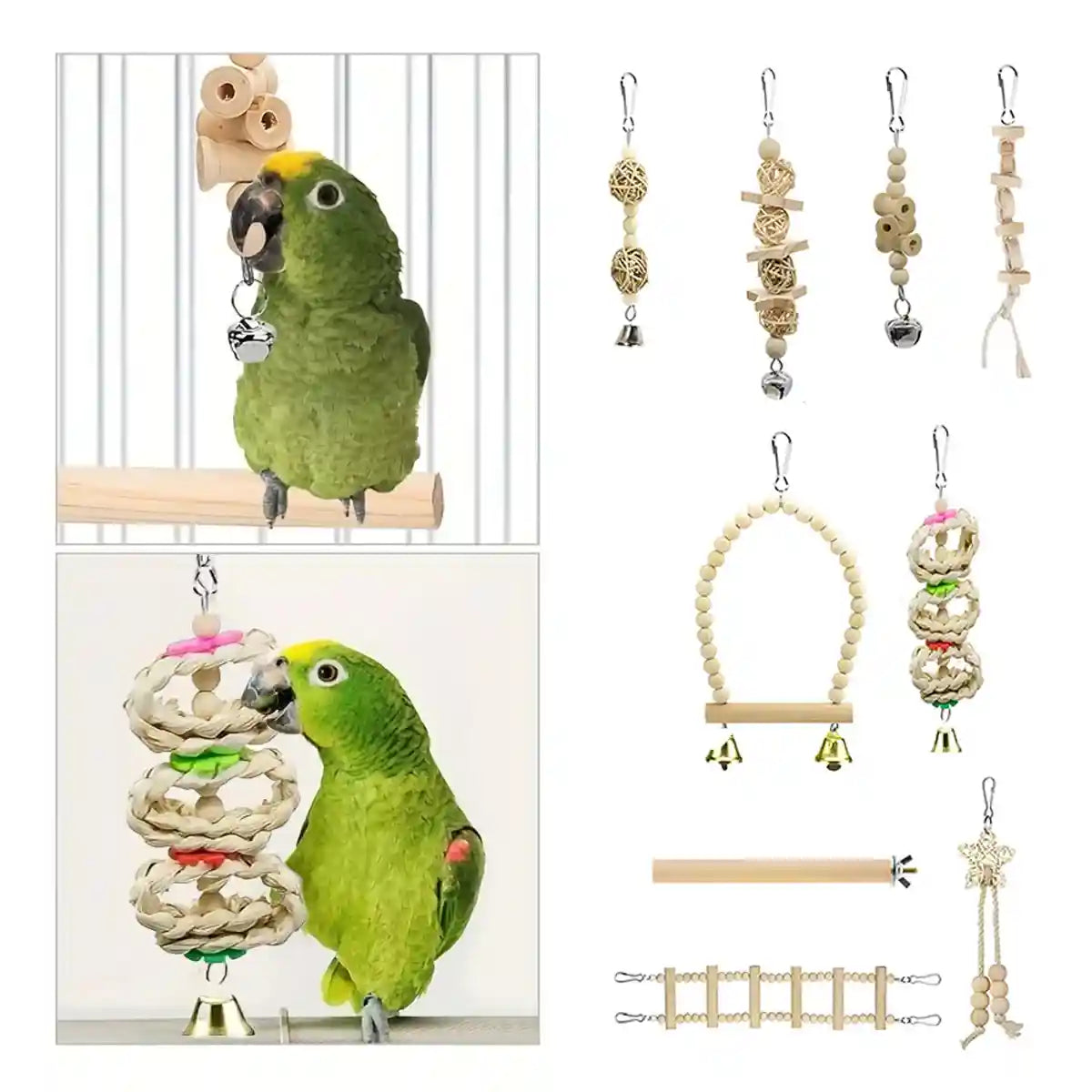 9PCS Bird Toys Set for Parrots Wooden Chew Swing Ladder Kit