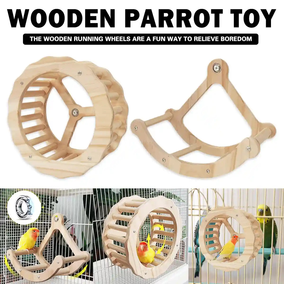Wooden Parrot Toy Set with Spinning Wheel & Rocker for Cage Mounting