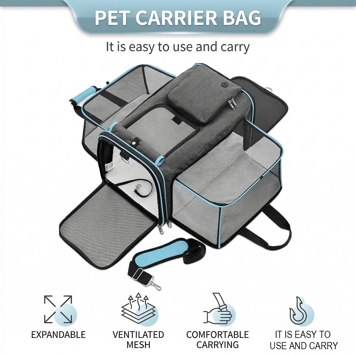 Cat Carrier Bag - Expandable Travel Pet Bag (48x30x31cm)