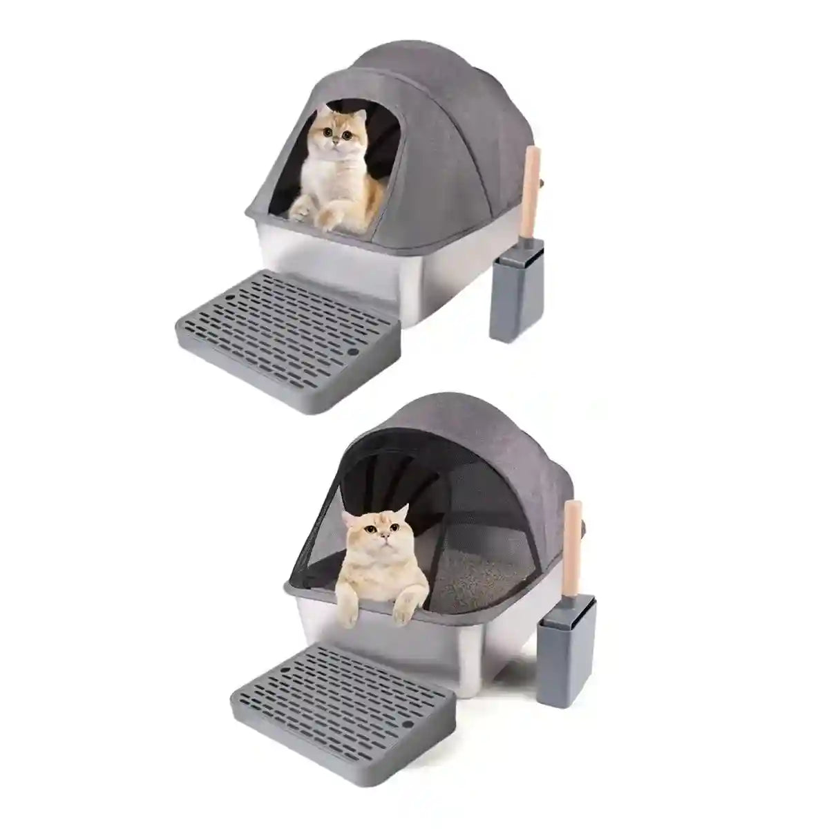 Stainless Steel Cat Litter Box with Covered Canopy & Anti-Tracking Mat