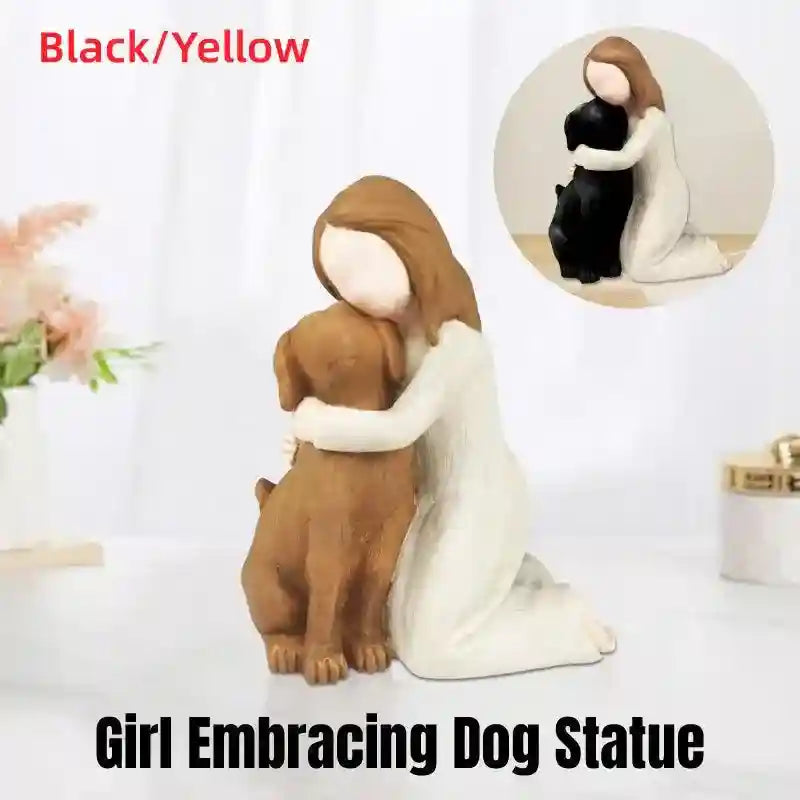 Pet memorial statue – A girl hugging her beloved dog, available in black or yellow, crafted from high-quality resin.