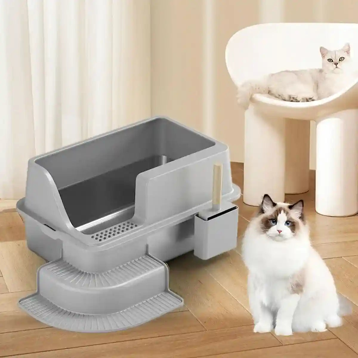 Raised Edge Cat Litter Box with Step Design for Easy Access