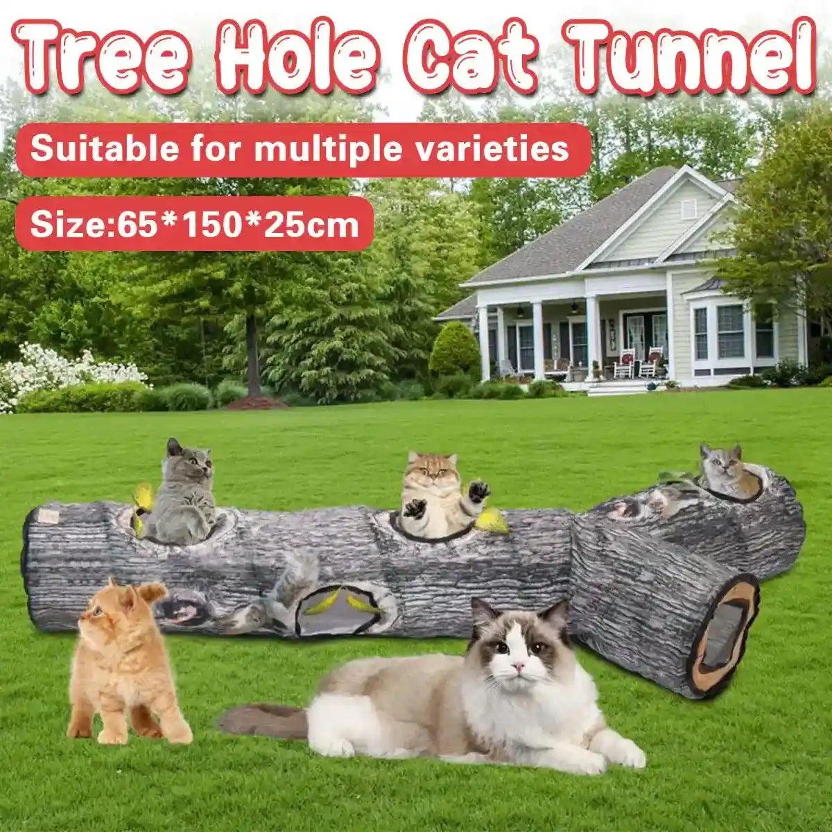 Tree trunk cat tunnel with Y-shape design for playful indoor pets