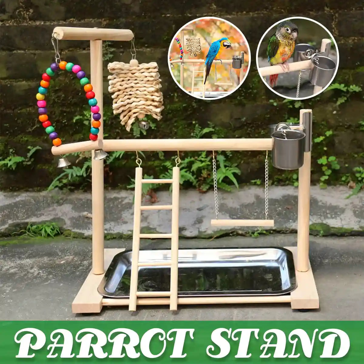Wooden Parrot Playground With Swing Ladder Feeder And Perch