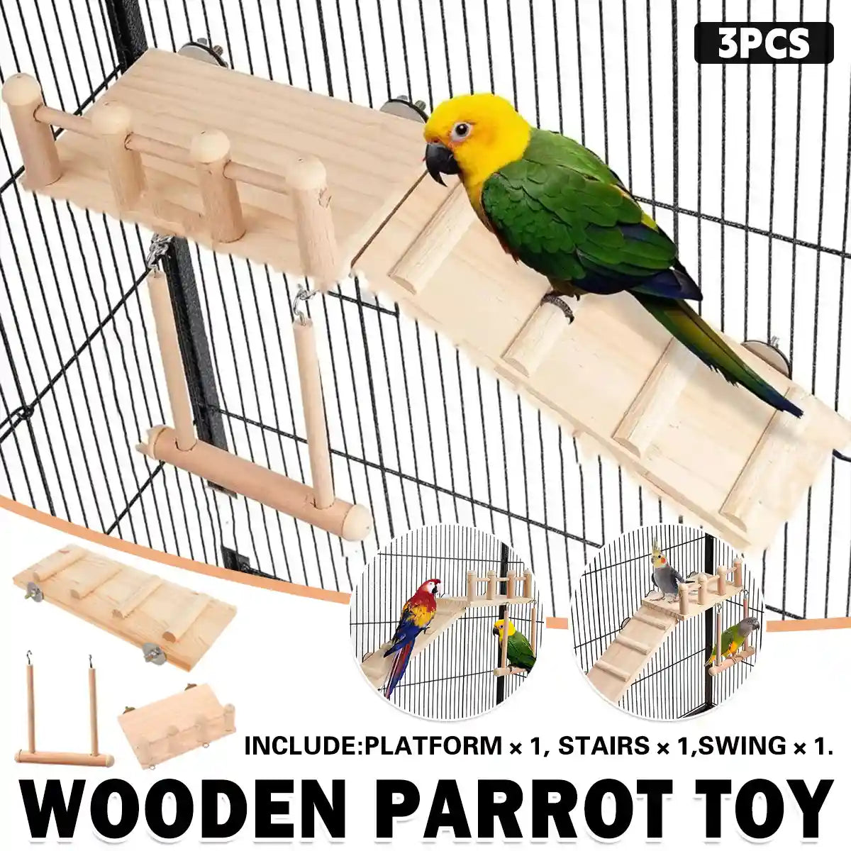 3PCS Wooden Bird Toys Set With Swing Ladder and Platform