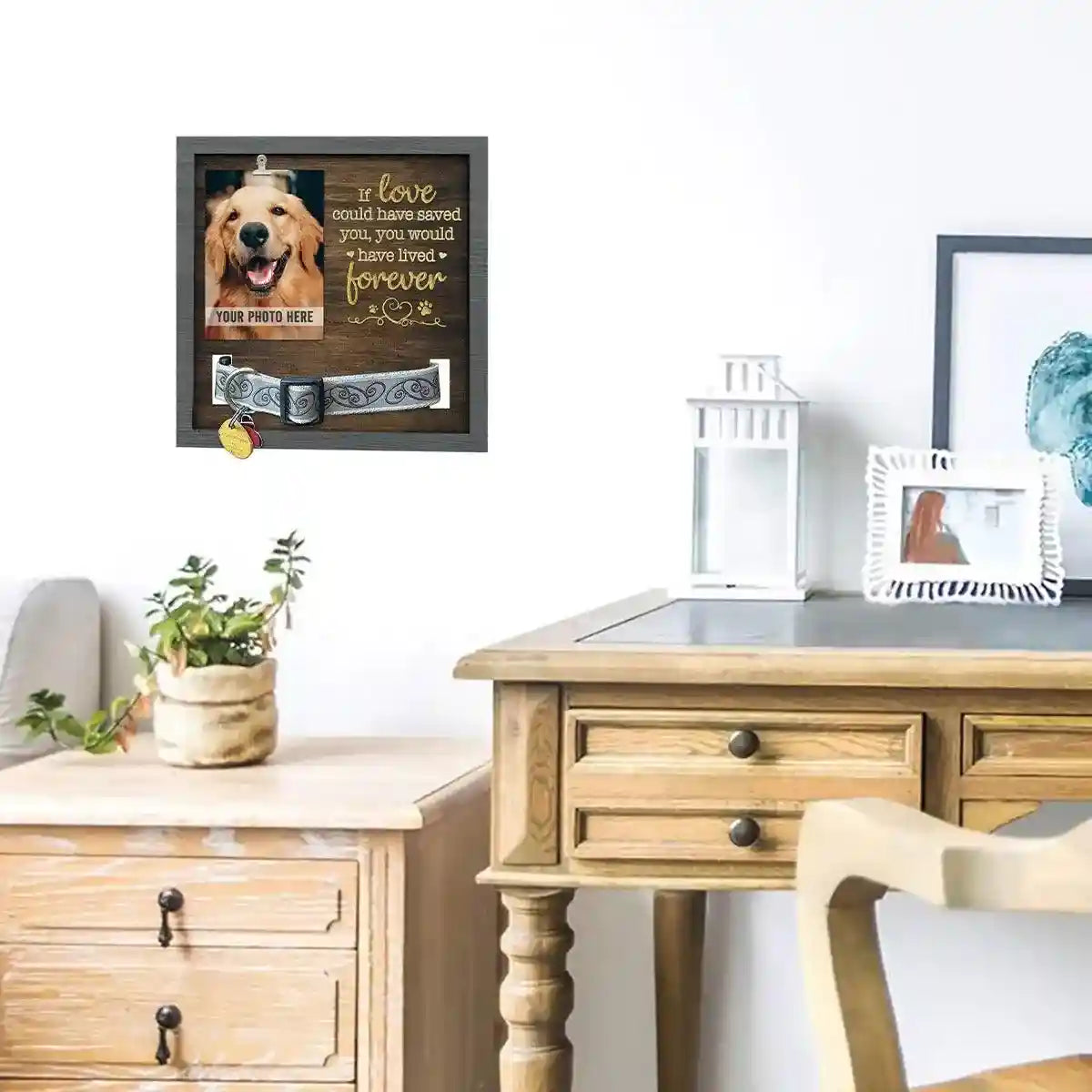 Wooden Pet Memorial Frame with Collar Holder and Photo Display