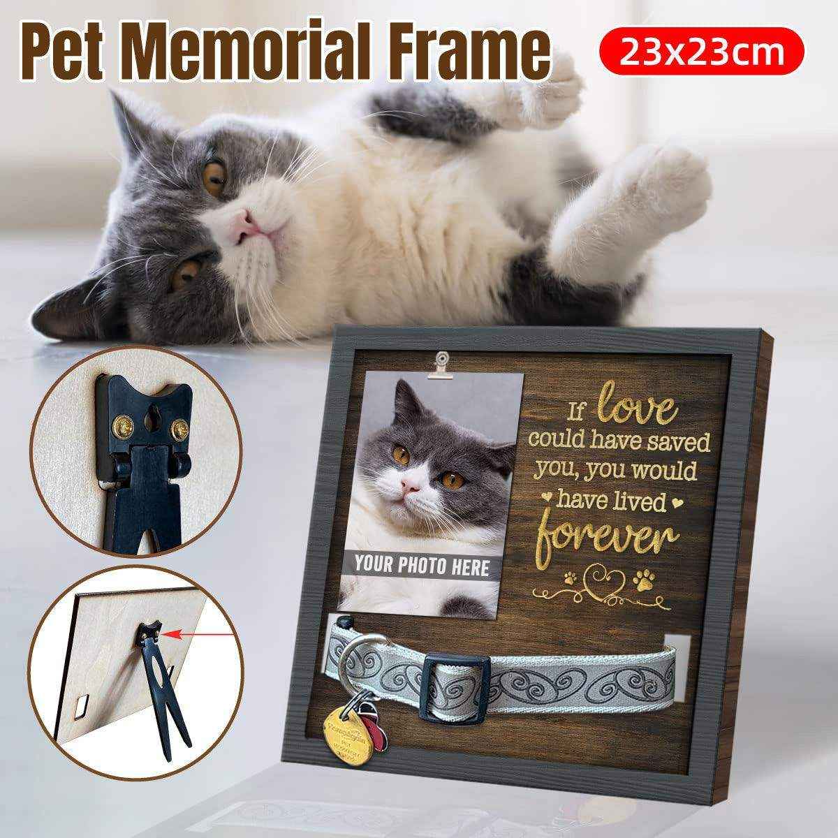 Pet memorial frame with collar holder and photo display in grey wooden design