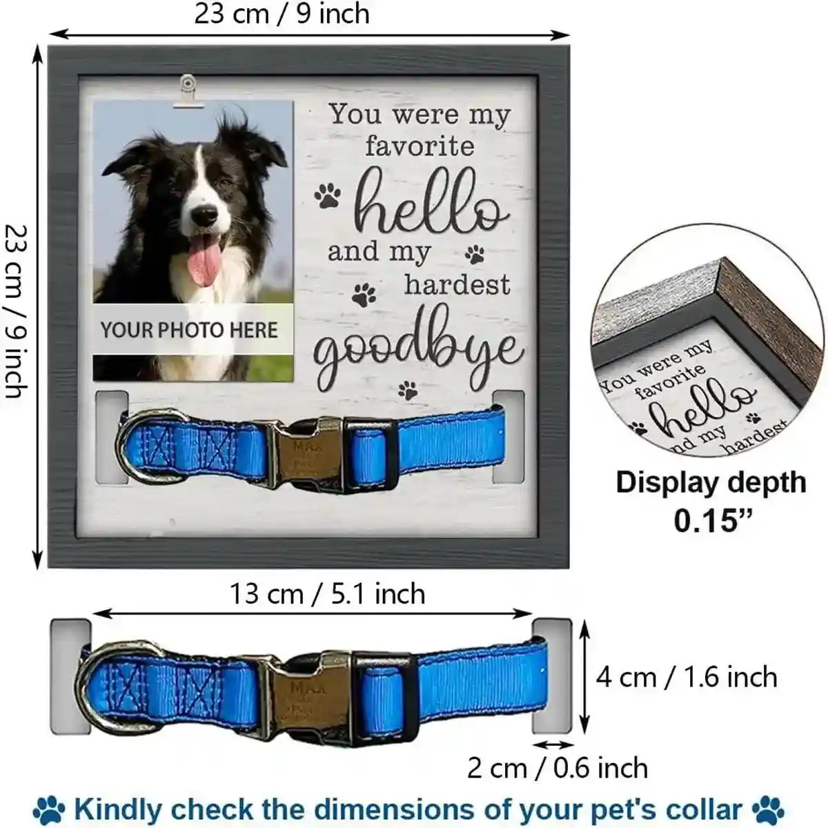 Wooden Pet Memorial Frame with Collar Holder and Photo Display