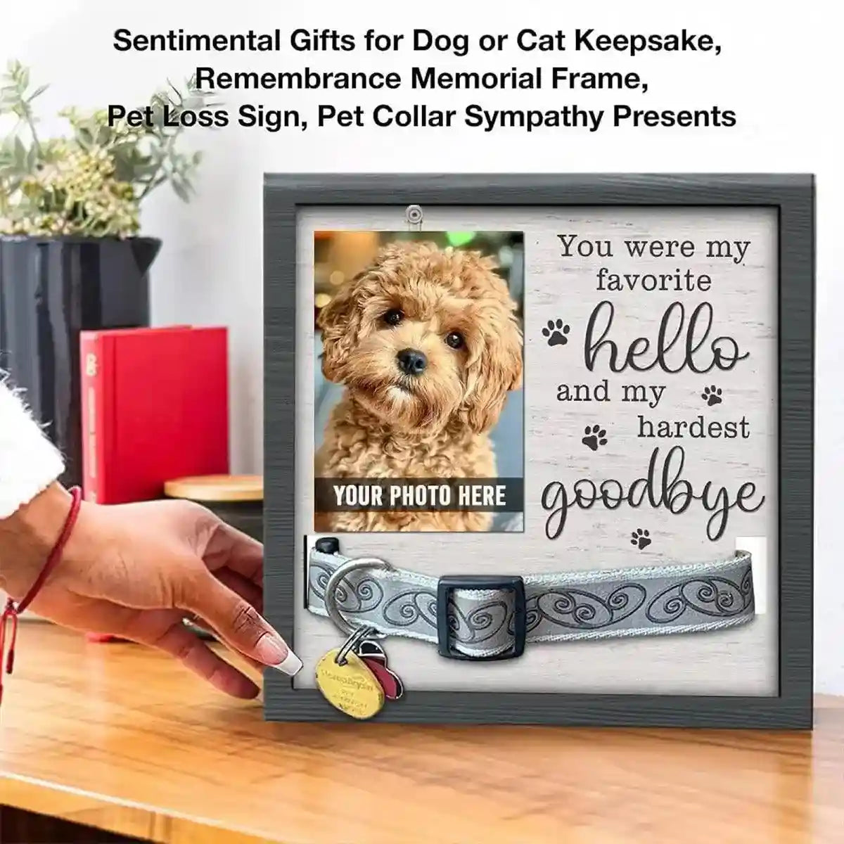 Wooden Pet Memorial Frame with Collar Holder and Photo Display
