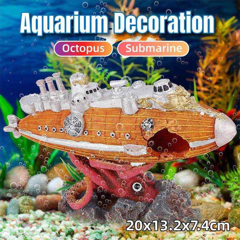 Submarine-themed aquarium ornament with octopus detail for fish tanks