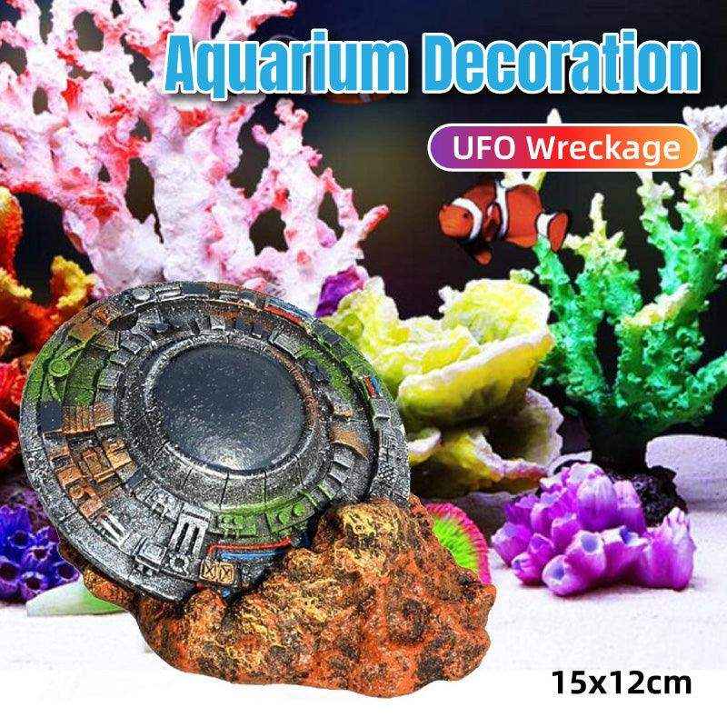 UFO-themed aquarium decoration with realistic weathered spaceship design