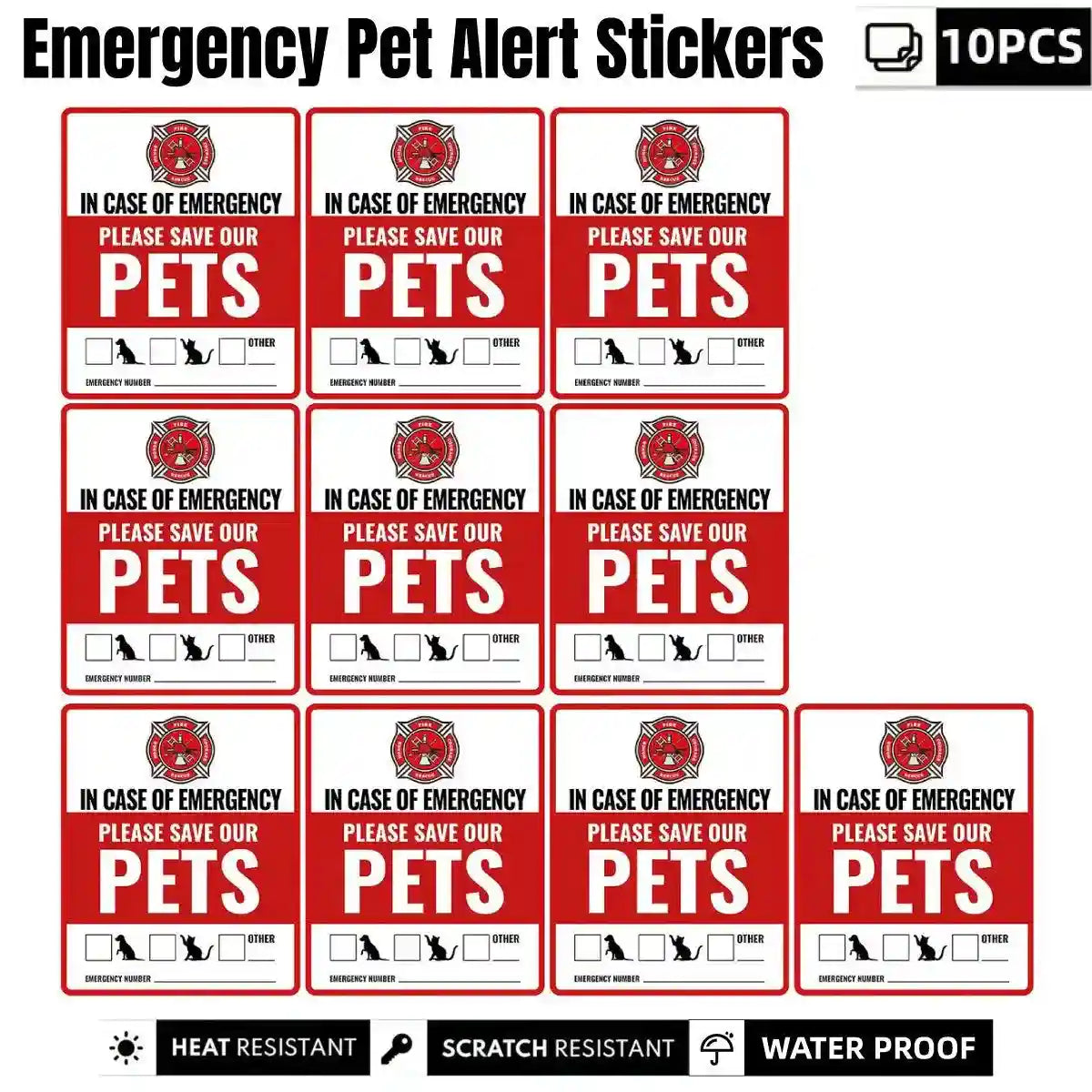 10pcs Emergency Pet Alert Stickers for Windows and Doors