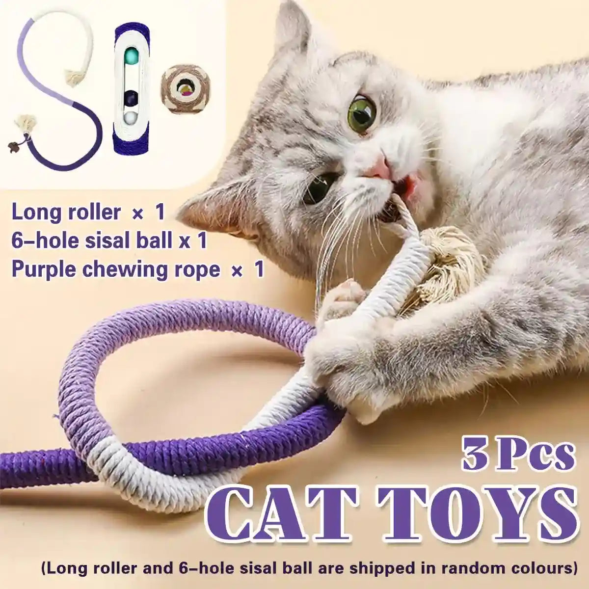 Cat play set with sisal roller, ball toy, and purple chewing rope