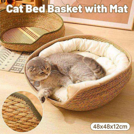 natural handwoven cat basket bed with white cushion