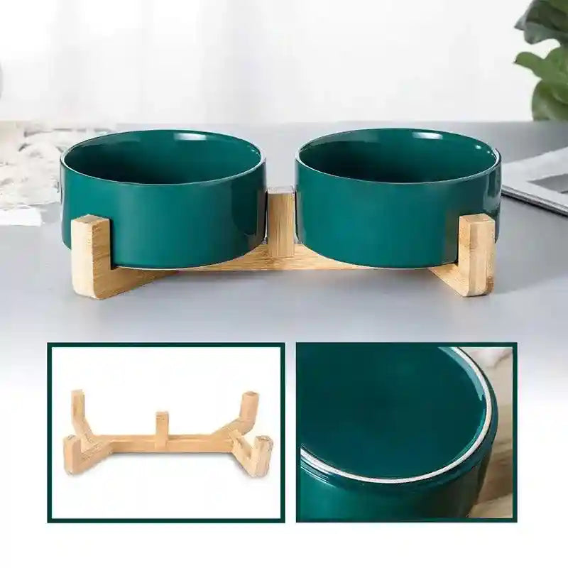 Ceramic Cat Bowl Set Elevated Double Pet Bowls with Bamboo Stand