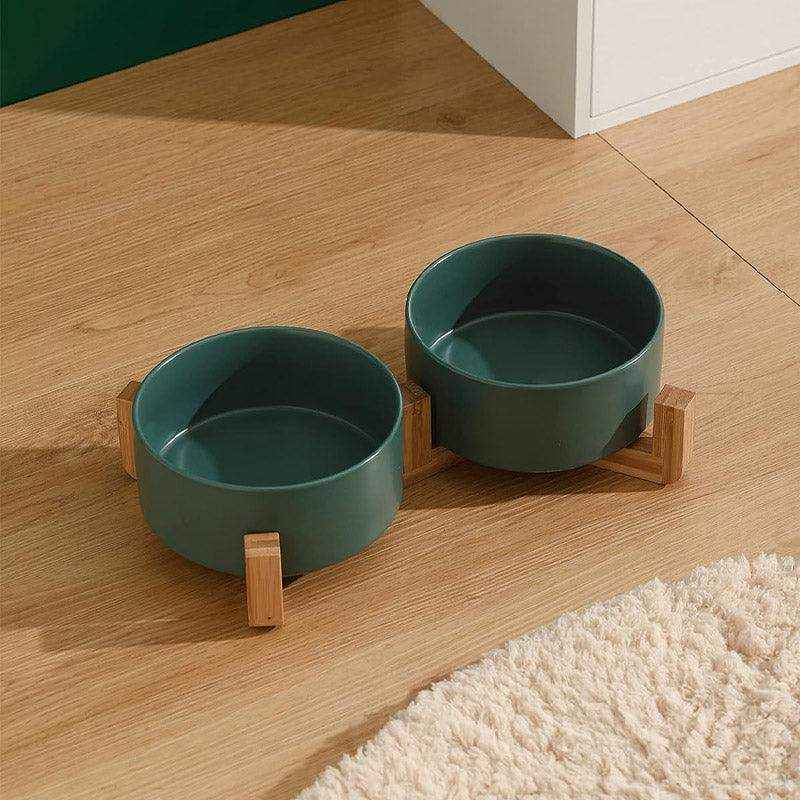 Ceramic Cat Bowl Set Elevated Double Pet Bowls with Bamboo Stand