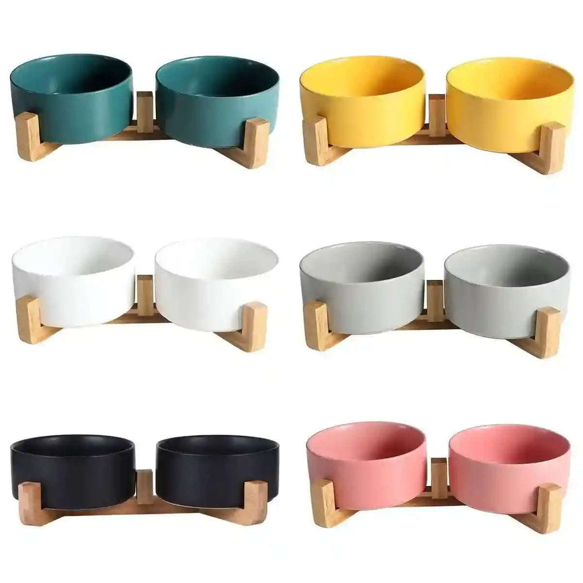 Ceramic Cat Bowl Set Elevated Double Pet Bowls with Bamboo Stand