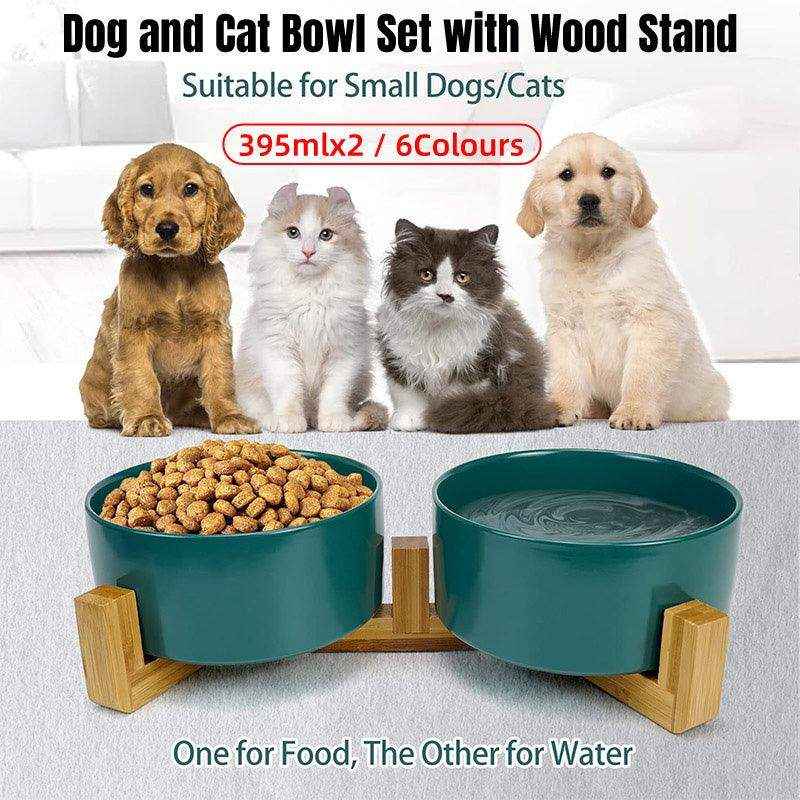 Elevated ceramic dog bowls with bamboo stand