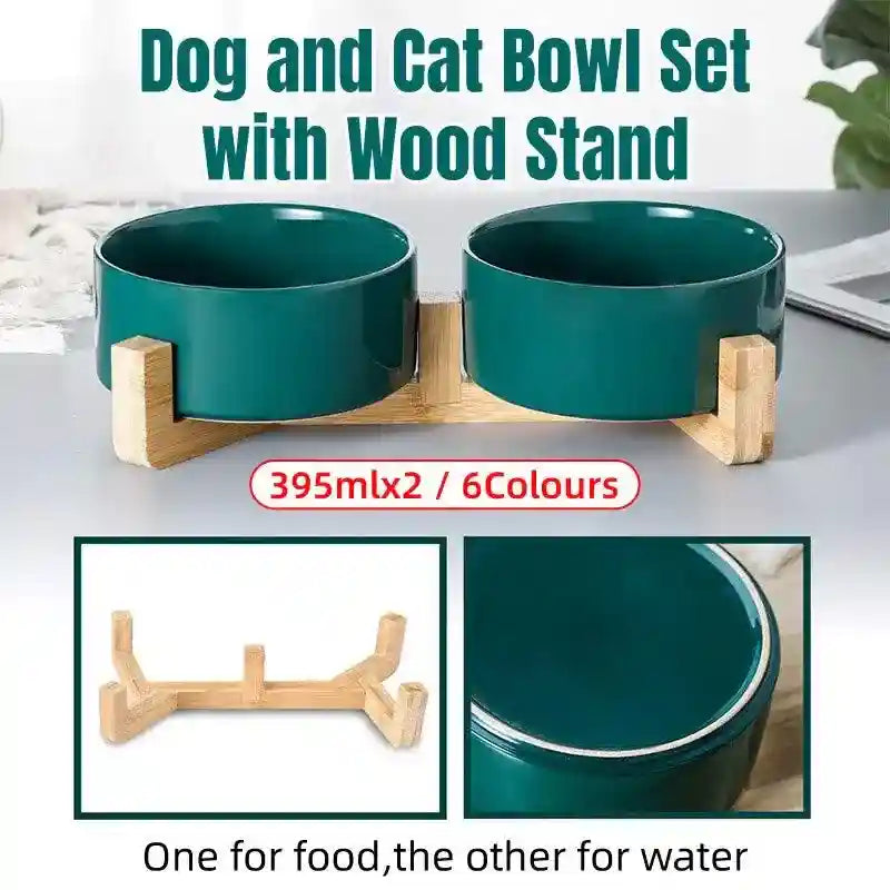Ceramic Cat Bowl Set Elevated Double Pet Bowls with Bamboo Stand